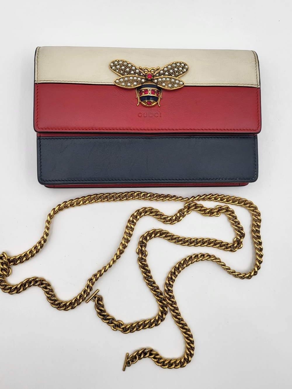 GUCCI Calfskin Queen Margaret Chain Wallet Blue Agata Hibiscus Red Mystic White. - Picture 13 of 16